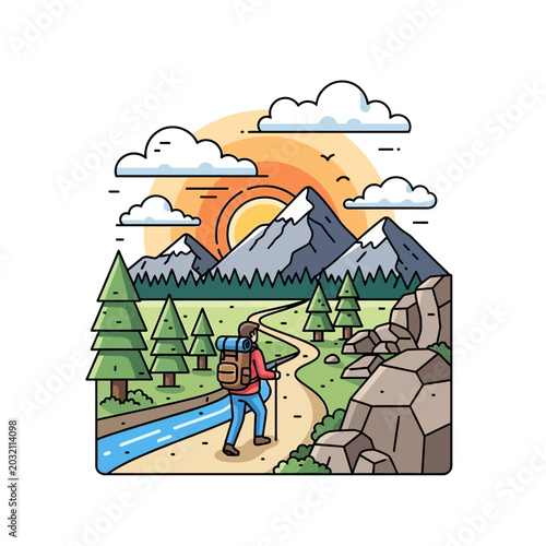 Hiker in Nature: Mountain Landscape with Vector Illustration