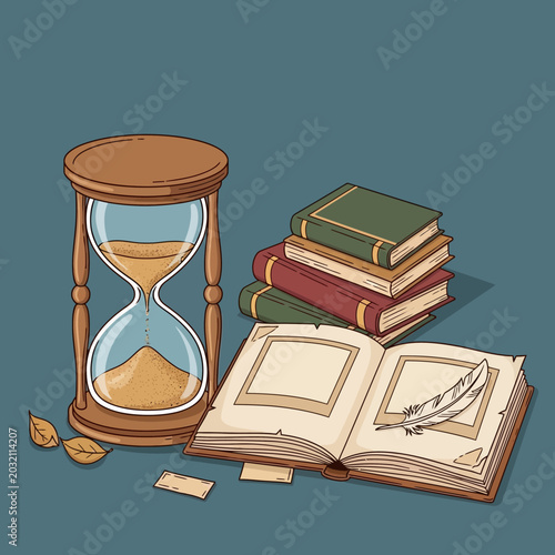 Hourglass & Books Illustration: Time Passing, Education, History, Illustration