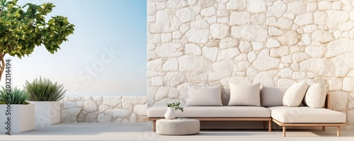 Minimalist outdoor patio with L-shaped sofa, white stone wall, green plants and clear sky. Serene resort-style design for ultimate relaxation. comfort, terrace