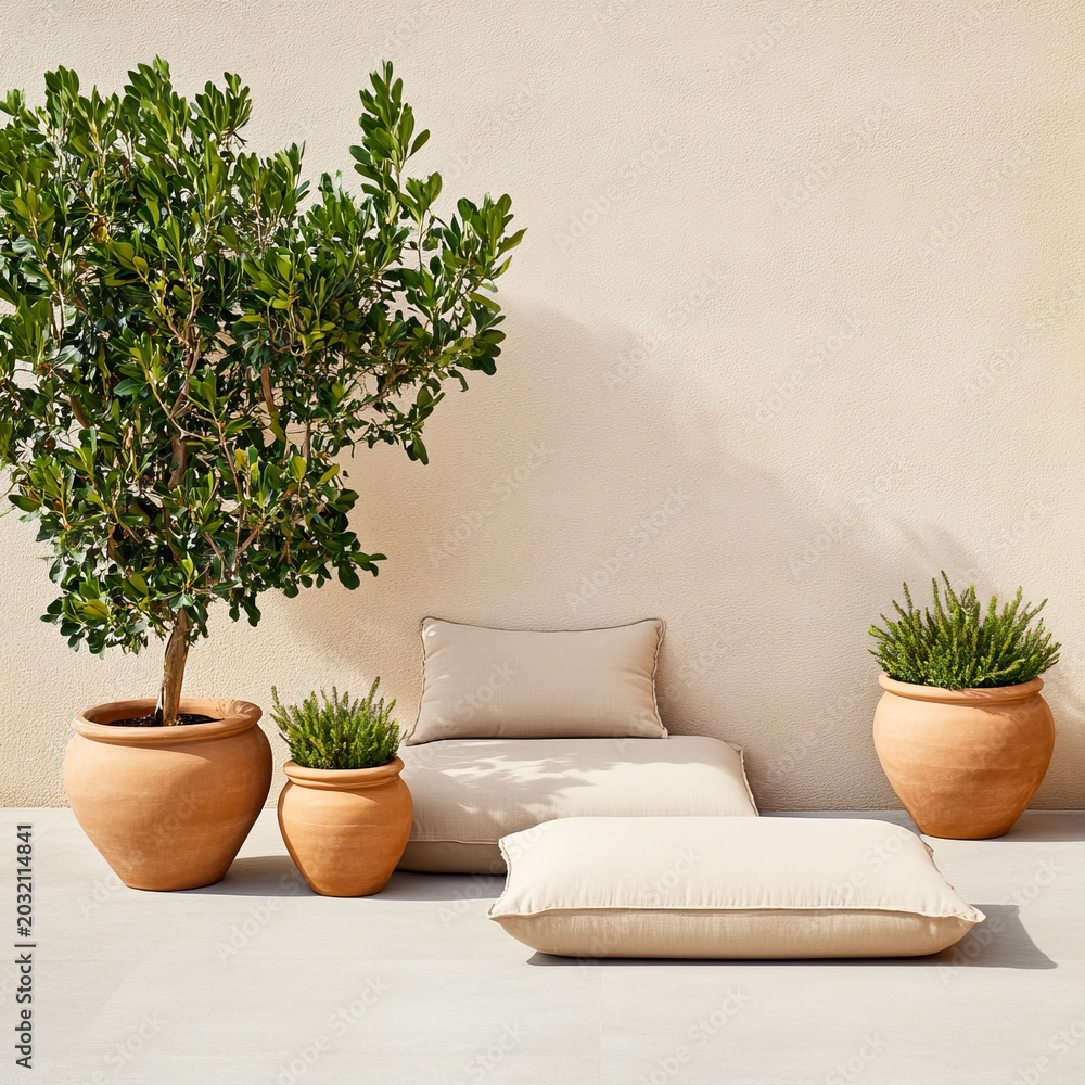 Fototapeta premium Minimalist sunlit patio with terracotta pots, vibrant plants and comfortable beige floor cushions against a textured wall, perfect for serene relaxation. Outdoor Living, Terrace Decor