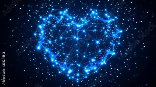 Glowing blue digital heart formed by connected light particles moving in a seamless looping motion