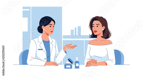 flat vector illustration of beauty specialist consulting customer about skincare products and wellness beauty care solutions