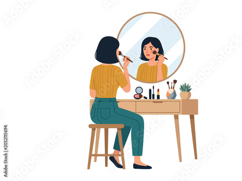 Фотография Elegant flat vector illustration featuring a beauty and skincare set with woman