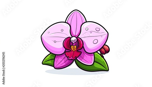 Pink Orchid Flower with Green Leaves.