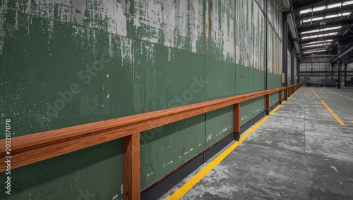 Aged green wall with texture, wooden railing, and yellow safety line on concrete floor in an industrial corridor.