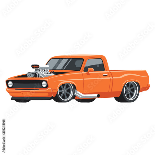 Orange classic pickup truck cartoon style illustration, isolated on white
