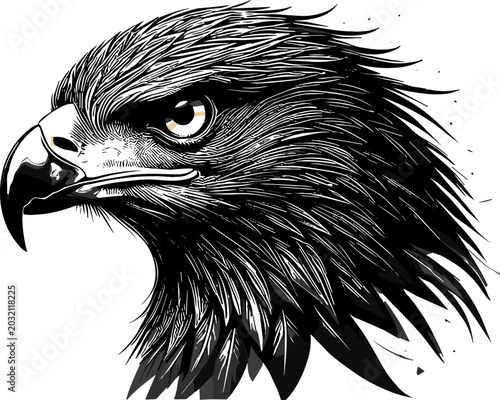 Schilderij op canvas Powerful Eagle Head Vector Illustration with Intricate Engraved Feathers for Spo