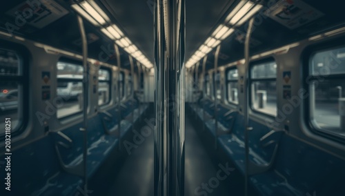 Vacant subway seats amid COVID-19, with a focus on the handrail. Significant drop in public transport ridership due to lockdown.