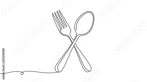 Animation of line drawing of fork and spoon crossing, representing dining essentials, meals, and everyday food culture.