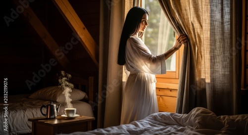 
A woman in a cozy room, possibly a mountain chalet, with wooden elements and an intimate atmosphere, characteristic of romantic retreats.