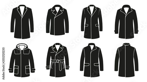 Fotografía Collection Of Coat Silhouettes In Black And White Minimalist Style Silhouette