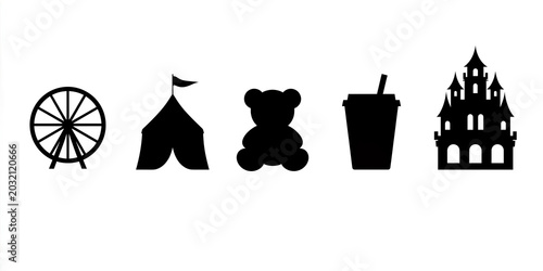 Amusement Park Icons: Ferris Wheel, Circus Tent, Teddy Bear, Cup, and Haunted House