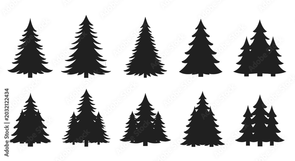 Obraz premium Set of black silhouette pine trees on grid background for design and decoration