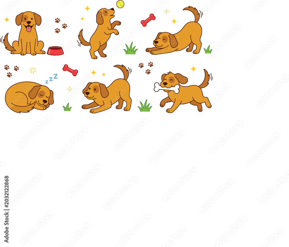 Fototapeta premium Cute Golden Retriever Puppy Character Vector Set with Little Brown Dogs Playing Sleeping Stretching and Holding Bone for Kids and Pet Care Designs
