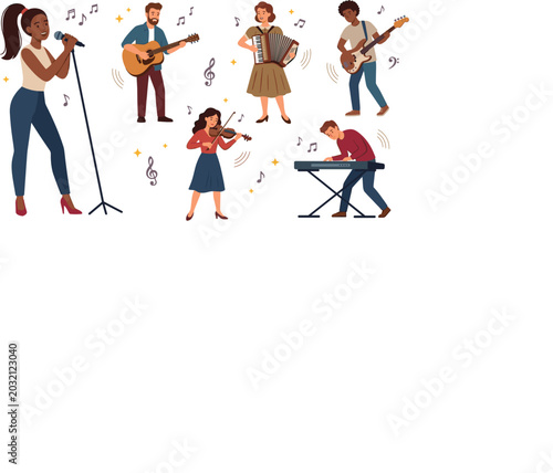Photos Diverse Musicians and Band Vector Character Set with Singer Guitarist Violinist