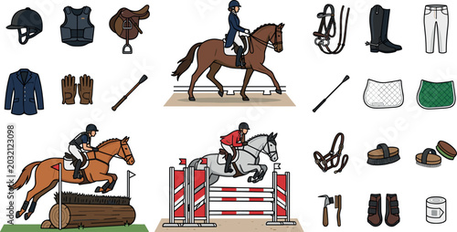 Foto Equestrian Riding and Horse Jumping Illustration Set with Dressage Rider, Tack E