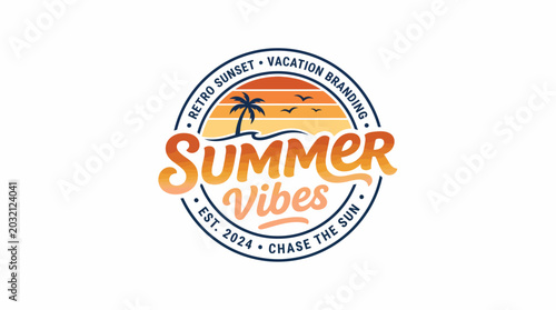 Vintage summer vibes emblem featuring a sunset and palm tree