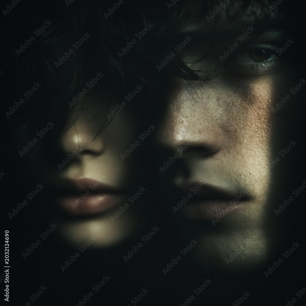 Fototapeta premium Dark cinematic portrait of two faces in heavy shadow