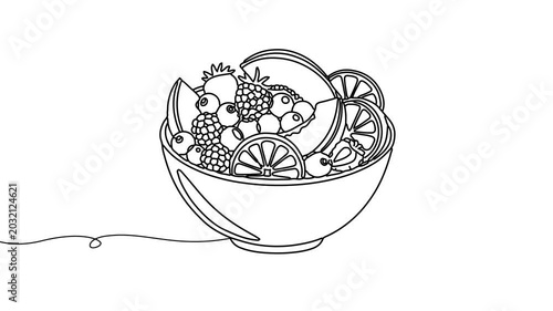 Animation of line drawing of a fruit salad bowl, symbolizing freshness, healthy habits, and colorful nutrition.