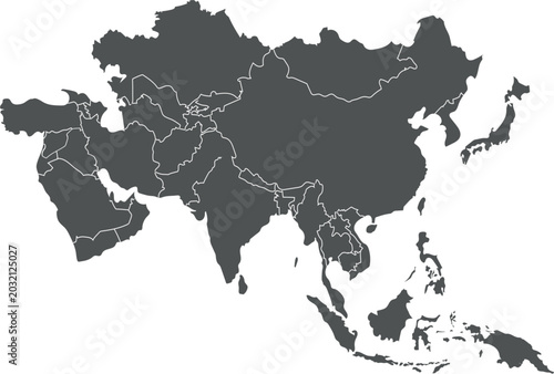Quadro su tela Asia continent dark grey vector map silhouette with white country borders