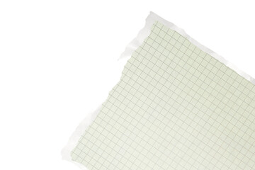 Torn graph paper piece isolated on white background with copy space ripped corner of green grid notebook sheet note pad element for scrapbooking collage minimalist graphic design layout.