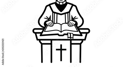 Foto Cleric Reading Bible at Pulpit with Cross Symbol