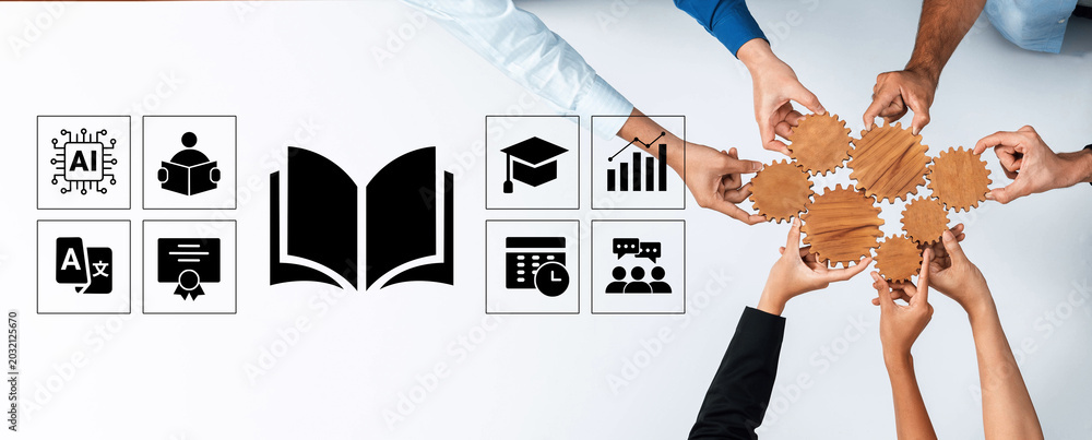 Obraz premium Hands from diverse individuals gather around symbols of knowledge and teamwork, representing collaboration and the integration of education in modern practices for growth and innovation. Ledger