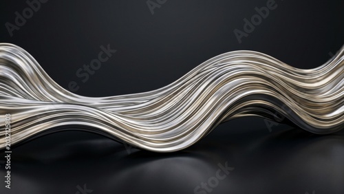 Abstract flowing liquid silver chrome waves on a dark background, 3D render of smooth metallic glossy surface ripple