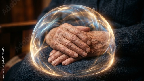 Elderly wrinkled hands protected by a glowing light energy dome shield, concept of senior care, health protection, and safety longevity