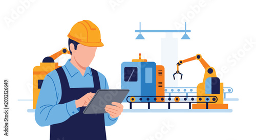flat vector illustration of engineer monitoring factory equipment using digital tablet showing smart manufacturing and industrial technology