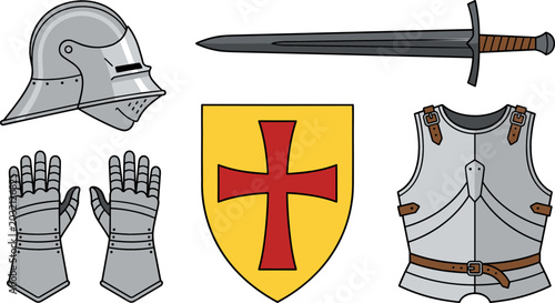 Photos Medieval Knight Armor Vector Set with Helmet Sword Templar Shield Gauntlets and