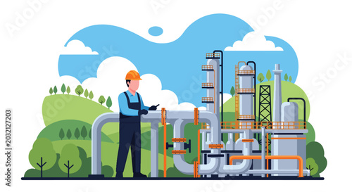 Quadro su tela flat vector illustration of engineer inspecting oil refinery equipment showing i