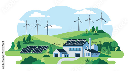 Fotografija flat vector illustration of renewable energy factory with wind turbines showing