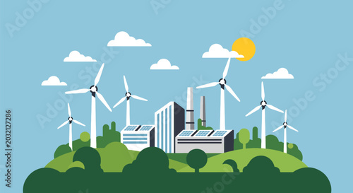 flat vector illustration of renewable energy factory with wind turbines showing sustainable industrial production and clean technology