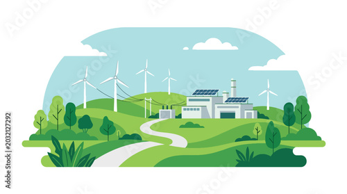 Konstfotografi flat vector illustration of renewable energy factory with wind turbines showing