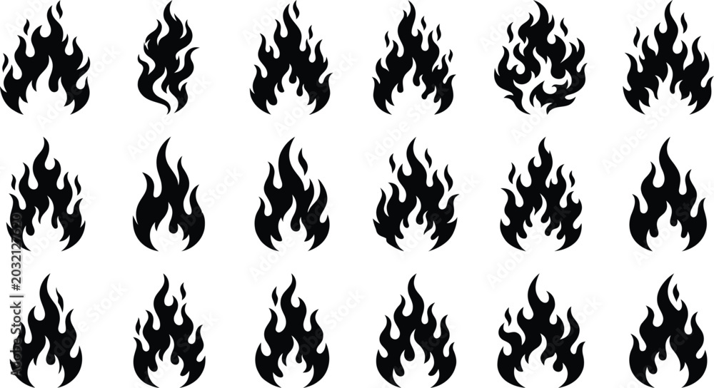 Naklejka premium Collection of black flame fire symbols, and burning embers heat
