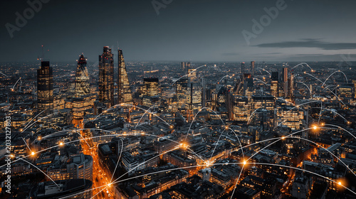 abstract innovative cyber security network, using interconnected nodes to represent business partnerships on the Smart digital Innovation city with connection network reciprocity over the smart city
