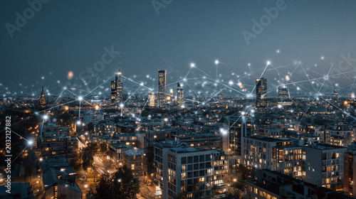 abstract innovative cyber security network, using interconnected nodes to represent business partnerships on the Smart digital Innovation city with connection network reciprocity over the smart city