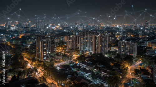 abstract innovative cyber security network, using interconnected nodes to represent business partnerships on the Smart digital Innovation city with connection network reciprocity over the smart city