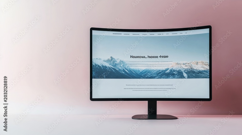 Fototapeta premium Curved Monitor Displaying a Minimalist Website UI with Snow-Capped Mountains on a Clean White Desktop Against a Soft Pink Wall, Web Design, Workspace