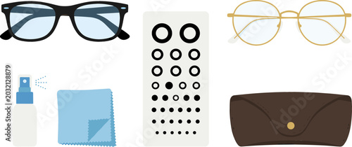 Tableau sur toile Optometry and Eyecare Vector Set with Glasses Eye Test Chart Cleaning Spray Micr