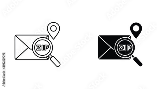 Foto Zip code search icon set with envelope and magnifying glass in outline and solid