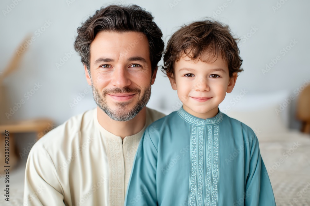 Obraz premium A smiling father and son dressed in traditional attire pose warmly together in a bright, cozy room.