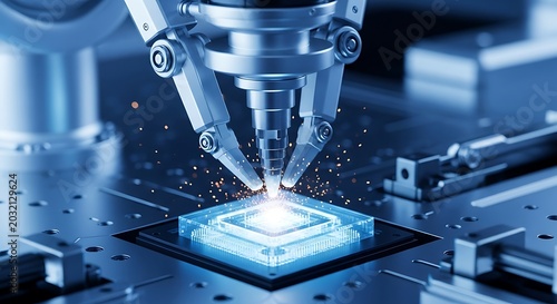 Industrial robotic arm laser welding a microchip on a production line in a modern high tech factory