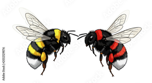 Fotografía Two Bumblebees Facing Each Other, Insect Illustration