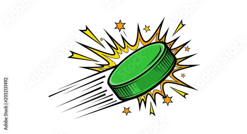 Photography Green hockey puck in motion with comic book style explosion effect