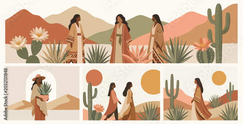 Boho style women in desert landscape with cactus and mountains, flat vector illustration set.