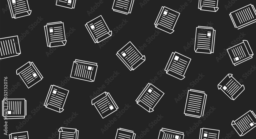 Fototapeta premium Modern seamless pattern featuring white newspaper icons of different sizes scattered on a dark grey or solid black background.