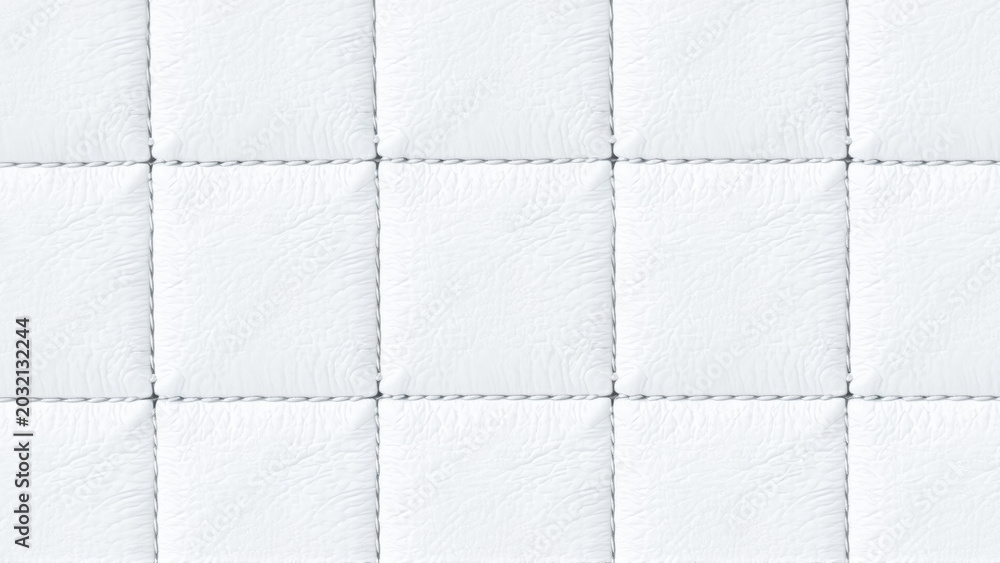 Fototapeta premium The surface texture of white faux leather, stitched in diamond, square, and rectangular patterns. Quilted eco-leather