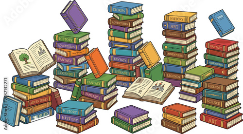 Foto Large Stack of Colorful Hand Drawn Books and Open Encyclopedias for Education, L